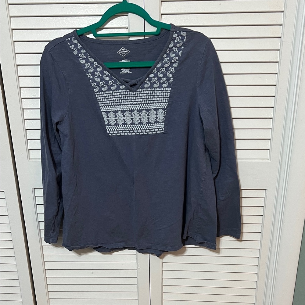 St. John's Bay Navy Long Sleeve Top with White Embroidery